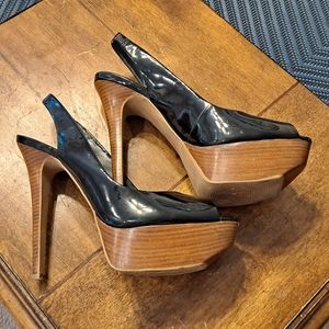 Jessica Simpson slingback heels. Wood platform stilettos, 6 inch